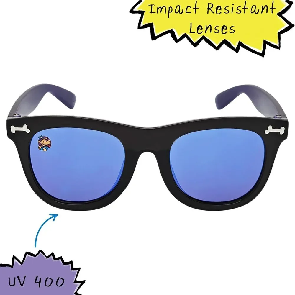 Dog Man Boys Black Horn Rimmed Sunglasses Blue Mirrored Lenses Kids